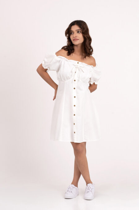 White Short Dress with Front Bow